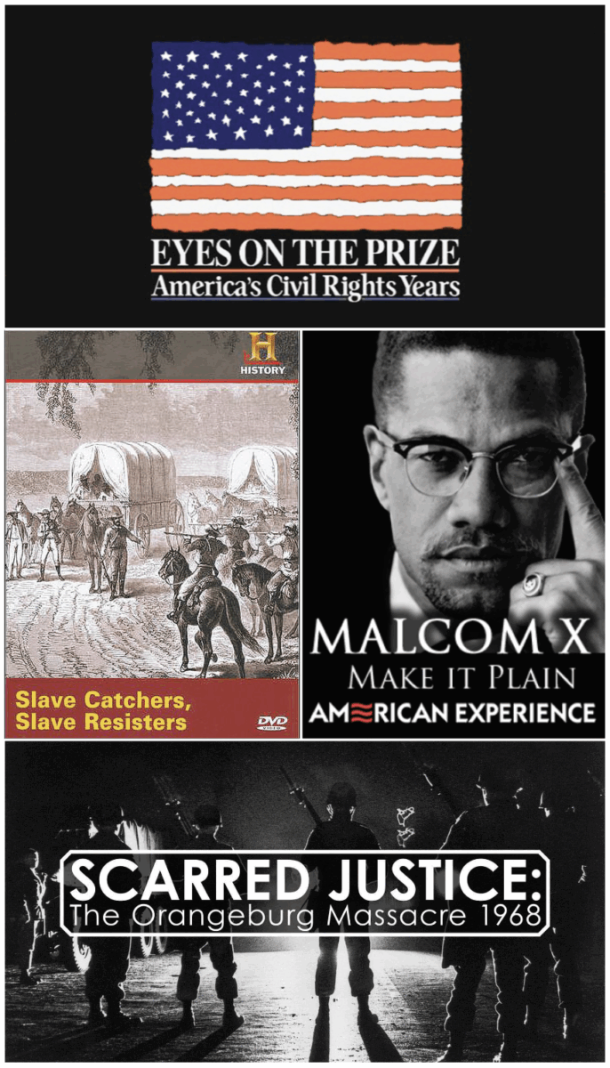 The covers of four of Richardson's documentaries: "Eyes on the Prize, America's Civil Rights Years," "Slave Catchers, Slave Resisters," Malcom X Make It Plain," and "Scarred Justice: the Orangeburg Massacre 1968"