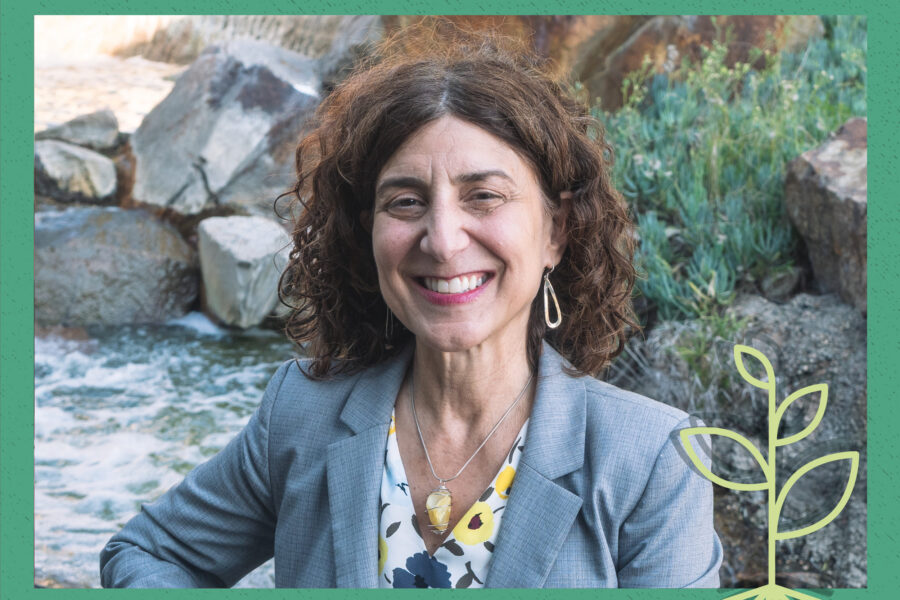 A cover image for the Seed Field Podcast showing a headshot of President Lori Varlotta overlaid with a drawing of a sprout and a green border.