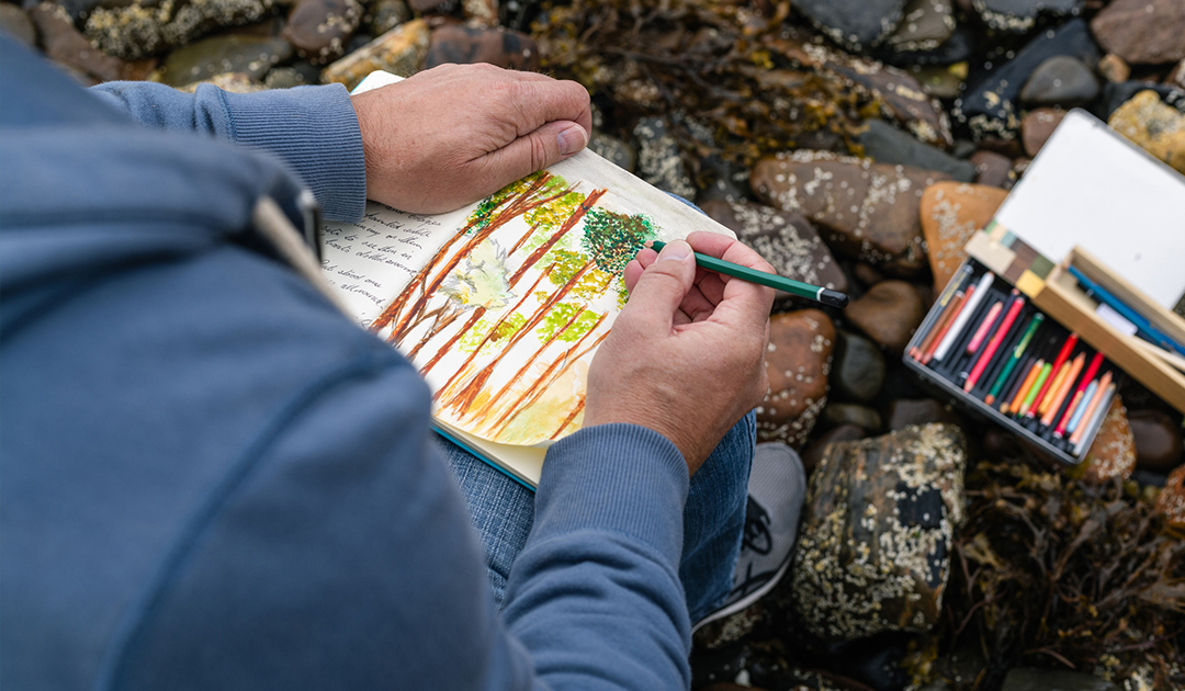 A person in a blue shirt drawing and painting trees in a sketchbook.