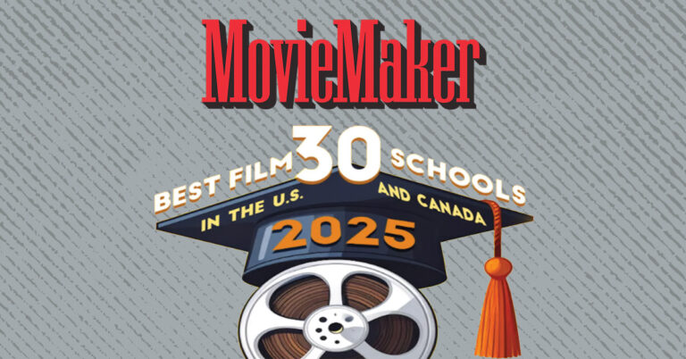 A header image with the logo of MovieMaker magazine and then a graphic with a mortarboard on top of a film reel and the dynamic text "30 Best Film Schools in the U.S. and Canada 2025"