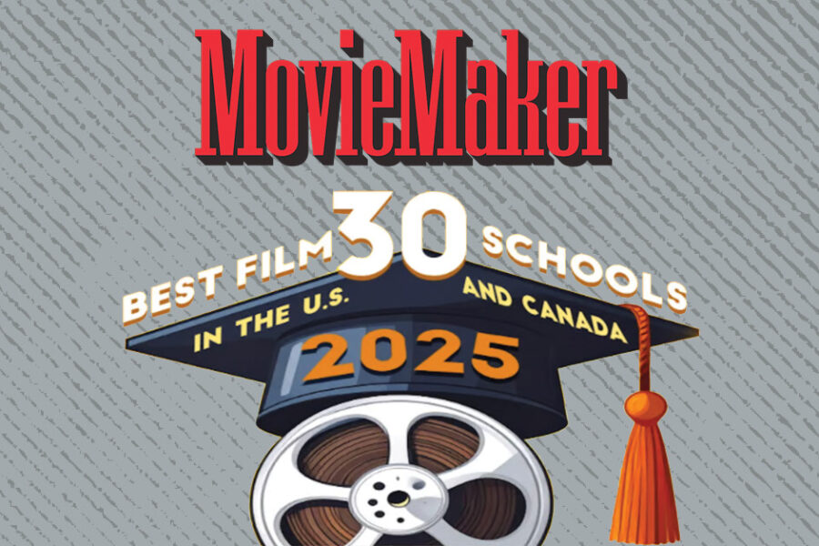 A header image with the logo of MovieMaker magazine and then a graphic with a mortarboard on top of a film reel and the dynamic text "30 Best Film Schools in the U.S. and Canada 2025"
