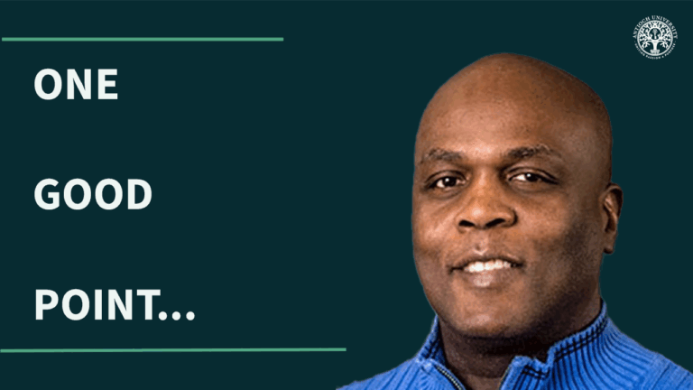 Graphic with dark green background featuring white text that reads ‘ONE GOOD POINT...’ on the left side. On the right is a headshot of Ken Williams wearing a blue sweater, smiling slightly. The Antioch University logo appears in the top right corner.