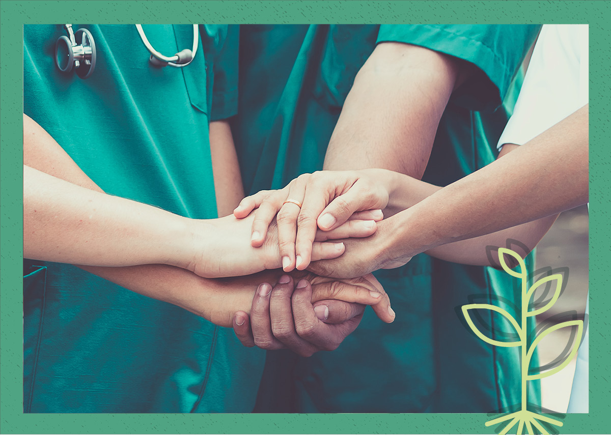 A cover image for a podcast episode, showing a stock image of three people in nurse's uniforms holding hands with an outline of a green plant overlaid.