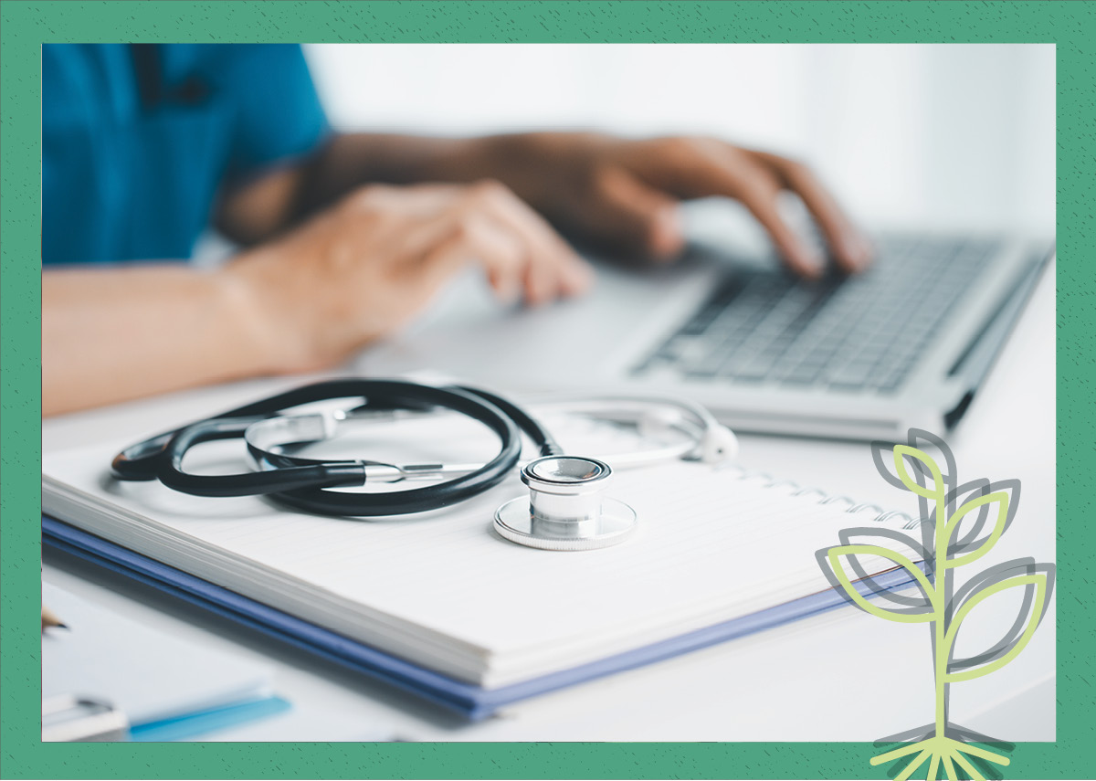 A header image showing a stock photo of a student using a laptop next to a stethoscope, overlaid with the Seed Field Podcast logo of a sprouting plant, all against a green background