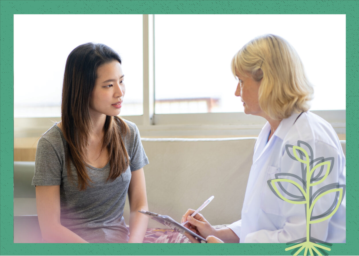 A cover image for the Seed Field Podcast showing a simple line drawing of a plant overlaid on top of a stock photograph of two women talking, one of whom appears to be a psychiatrist and is holding a clipboard.
