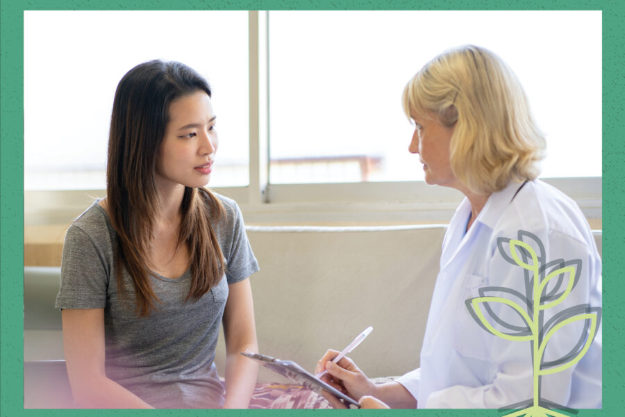 A cover image for the Seed Field Podcast showing a simple line drawing of a plant overlaid on top of a stock photograph of two women talking, one of whom appears to be a psychiatrist and is holding a clipboard.