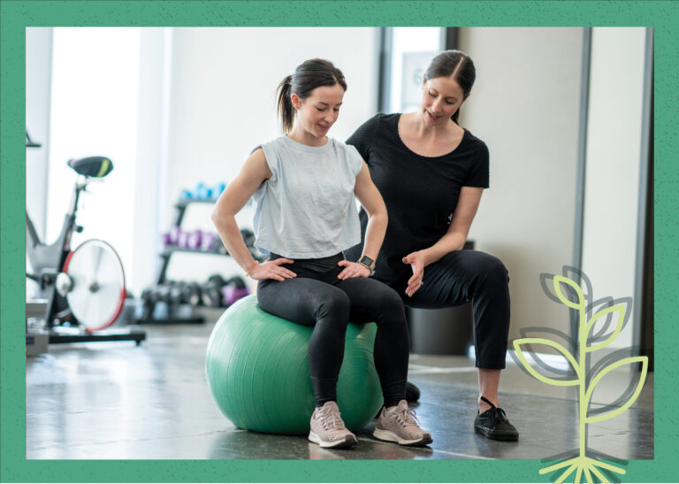 A cover image for the podcast episode showing a line drawing of a sprouting plant overlaid on a stock photograph of a woman on a medicine ball receiving care from an athletic trainer.