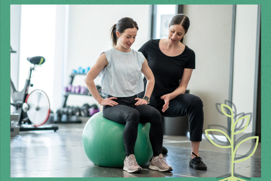 A cover image for the podcast episode showing a line drawing of a sprouting plant overlaid on a stock photograph of a woman on a medicine ball receiving care from an athletic trainer.