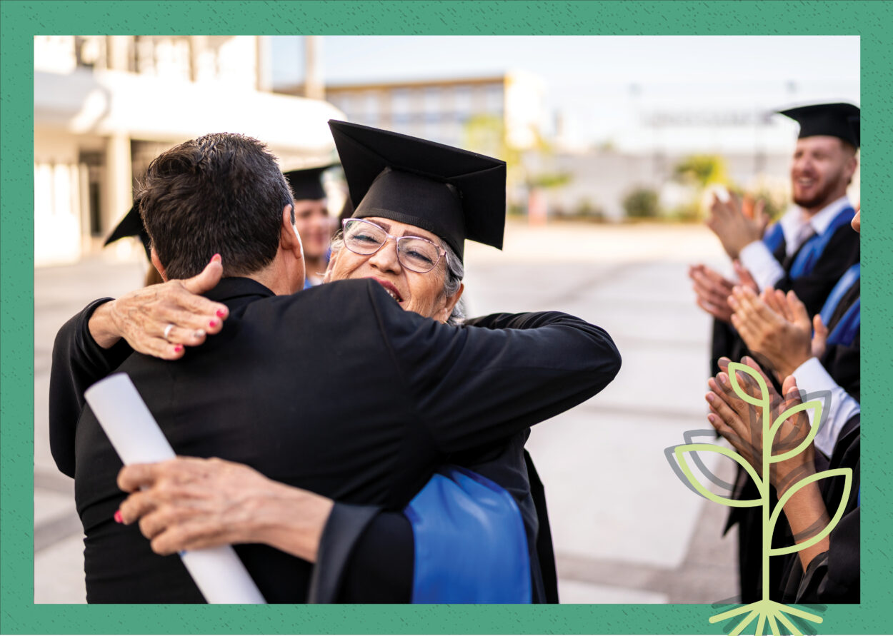 A header image showing a stock photo of a newly graduated woman receiving a hug, overlaid with the Seed Field Podcast logo of a sprouting plant, all against a green background