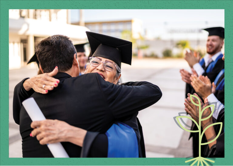 A header image showing a stock photo of a newly graduated woman receiving a hug, overlaid with the Seed Field Podcast logo of a sprouting plant, all against a green background