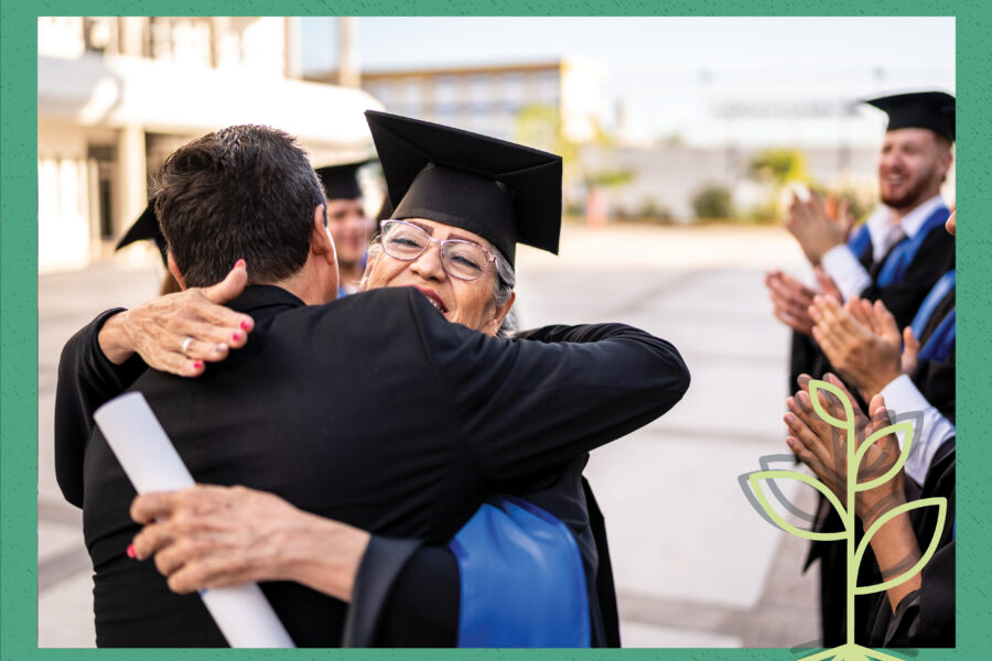 A header image showing a stock photo of a newly graduated woman receiving a hug, overlaid with the Seed Field Podcast logo of a sprouting plant, all against a green background