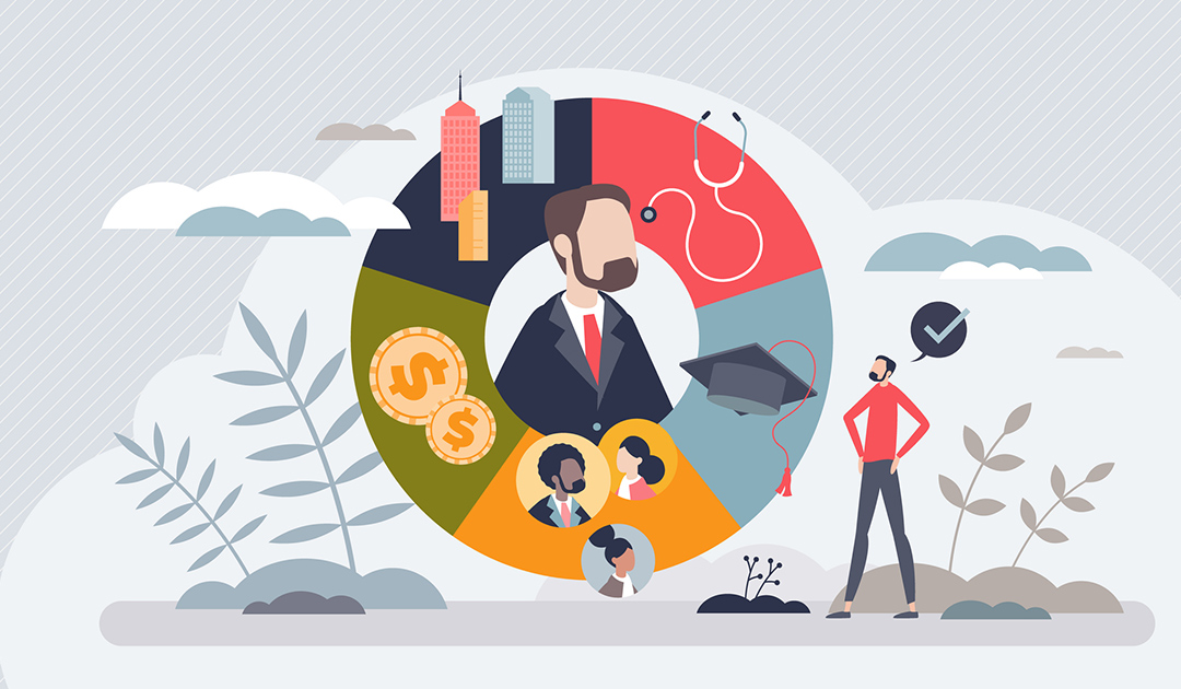 Stylized illustration of a person surrounded by a circular diagram representing social determinants of health, with icons for education, employment, income, health care, and social connections. Additional figures and landscape elements appear in the background.