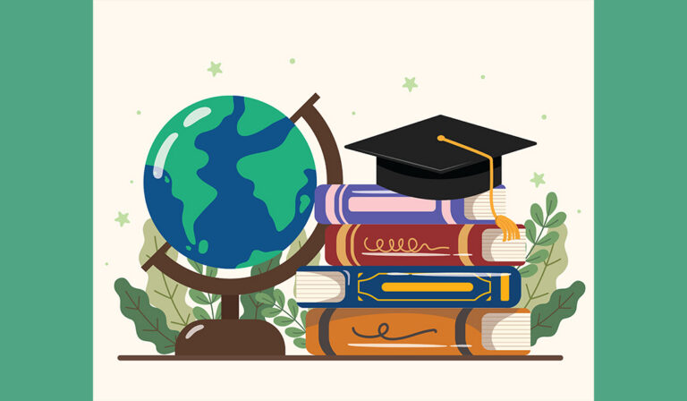 Illustration of a globe on a stand next to a stack of books topped with a graduation cap, surrounded by leafy plants, symbolizing global education and learning.