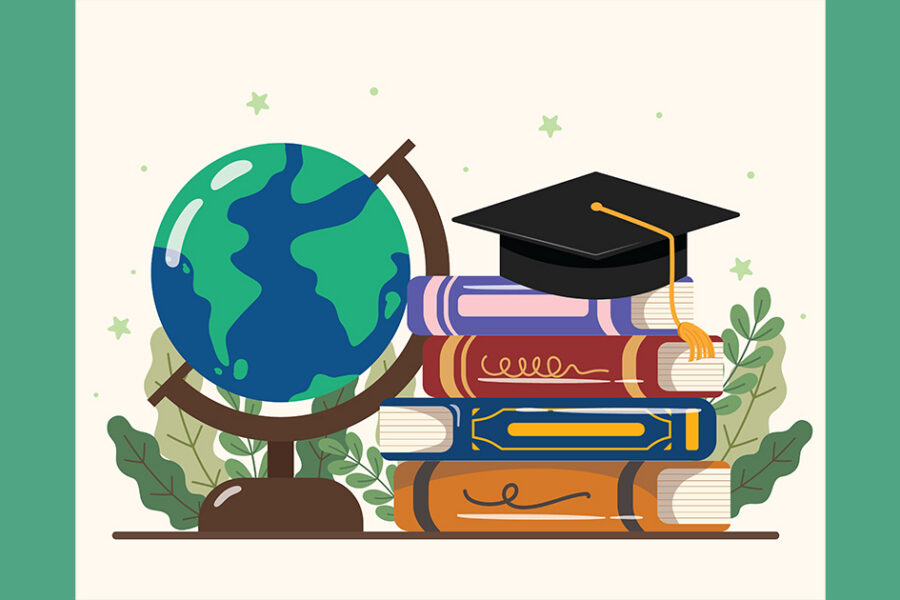 Illustration of a globe on a stand next to a stack of books topped with a graduation cap, surrounded by leafy plants, symbolizing global education and learning.