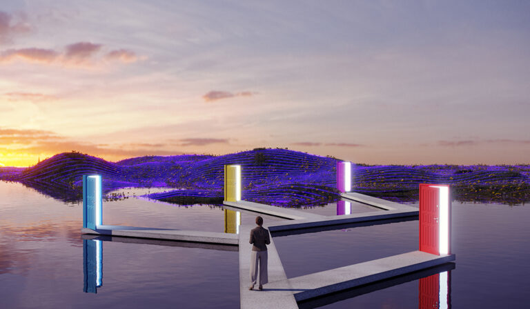 Woman standing on the platform which includes lots of doors and choices. (3d render)