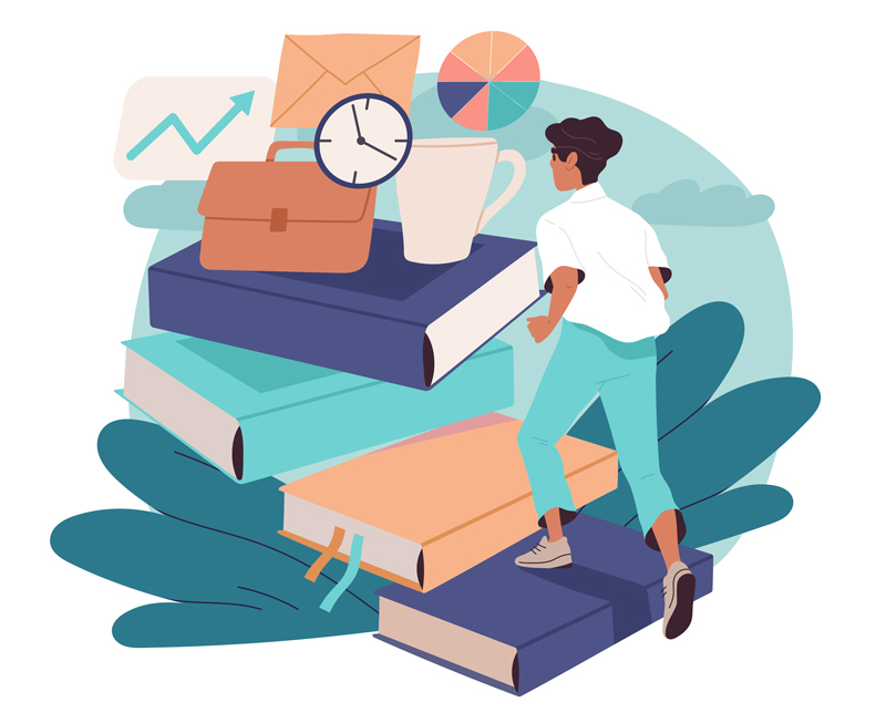 Development in profession. Man climbs up stacks of books to get to coffee, briefcase and watch. Motivation and leadership. Employee with career growth. Flat vector illustration - stock illustration