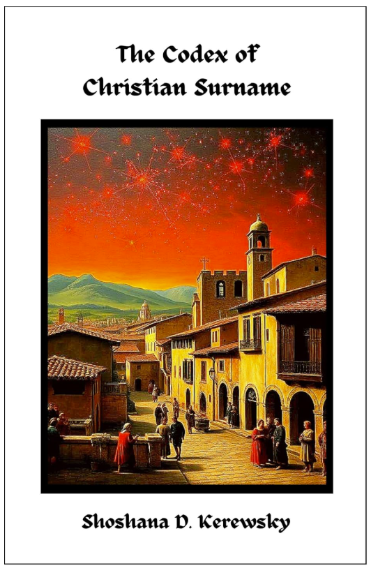 Cover design titled “The Codex of Christian Surname” featuring a stylized, vintage illustration of a European village at sunset with warm orange skies, fireworks overhead, and people gathered along a cobblestone street; author name “Shoshana D. Kerewsky” appears below.
