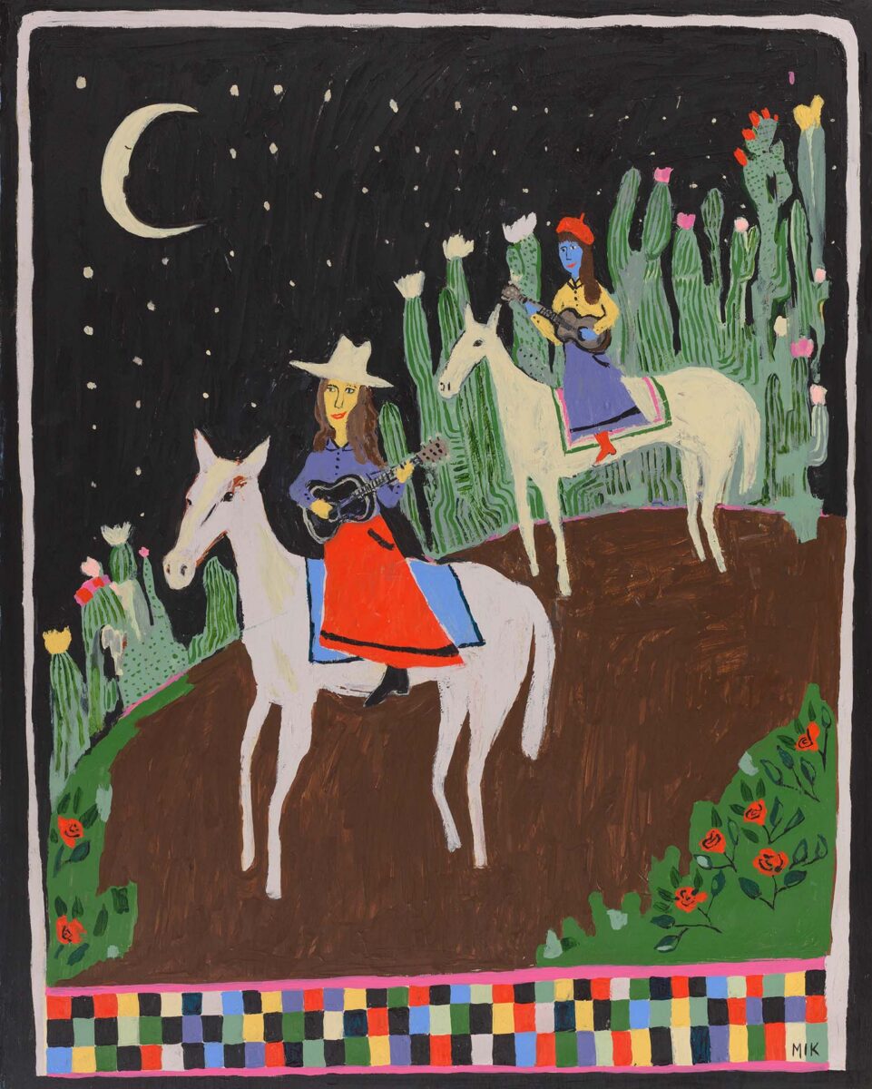 Night scene with two white horses and riders among cacti under a crescent moon and stars, colorful border at bottom.