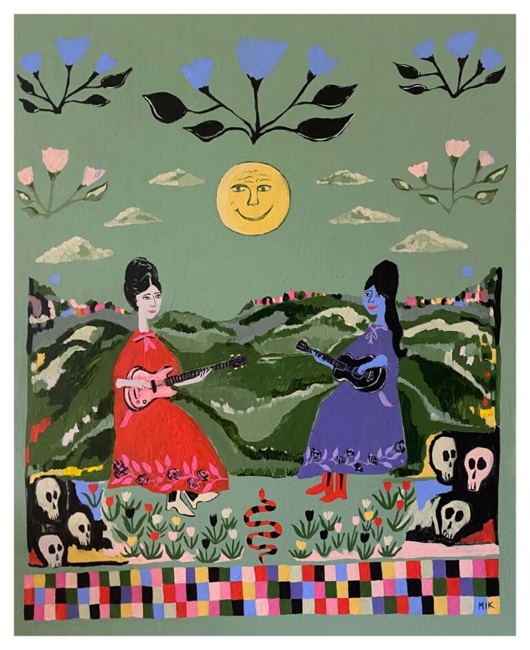 Two women in bright red and purple dresses playing guitars in a surreal green landscape with a smiling sun, clouds, flowers, skulls, and a colorful checkered border.