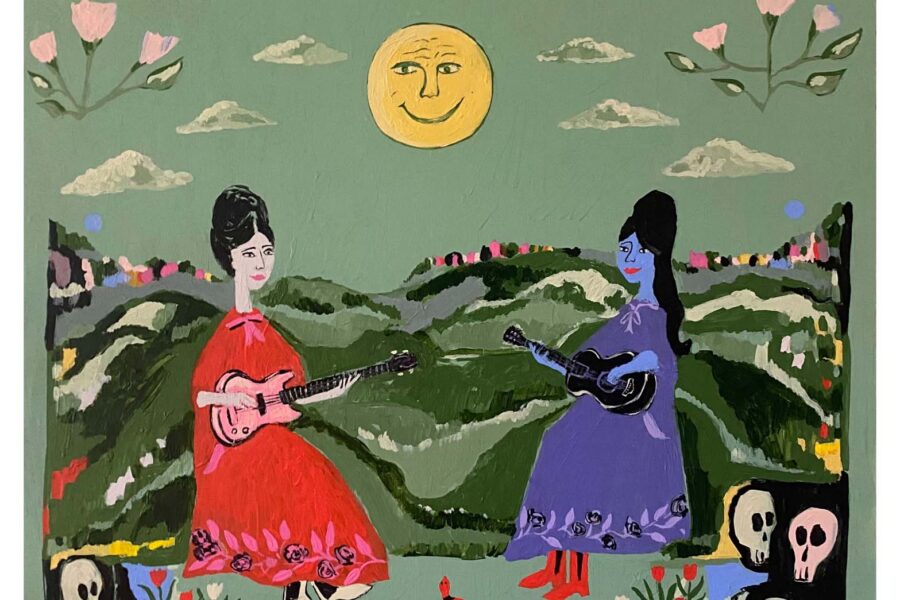 Two women in bright red and purple dresses playing guitars in a surreal green landscape with a smiling sun, clouds, flowers, skulls, and a colorful checkered border.