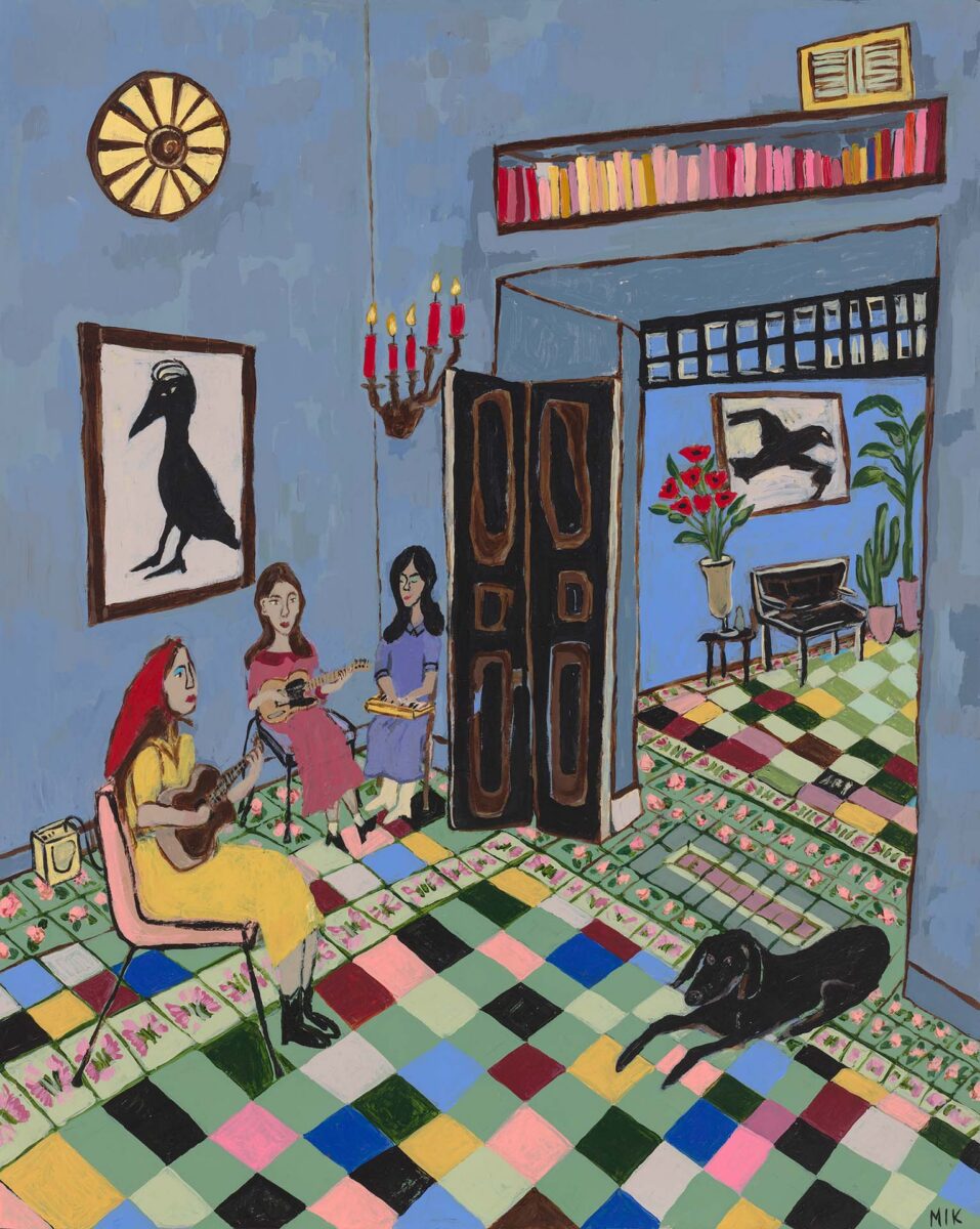 Bright, whimsical room scene with people playing guitar, a large black dog on a colorful checkered floor, and blue walls with art and plants near a doorway.