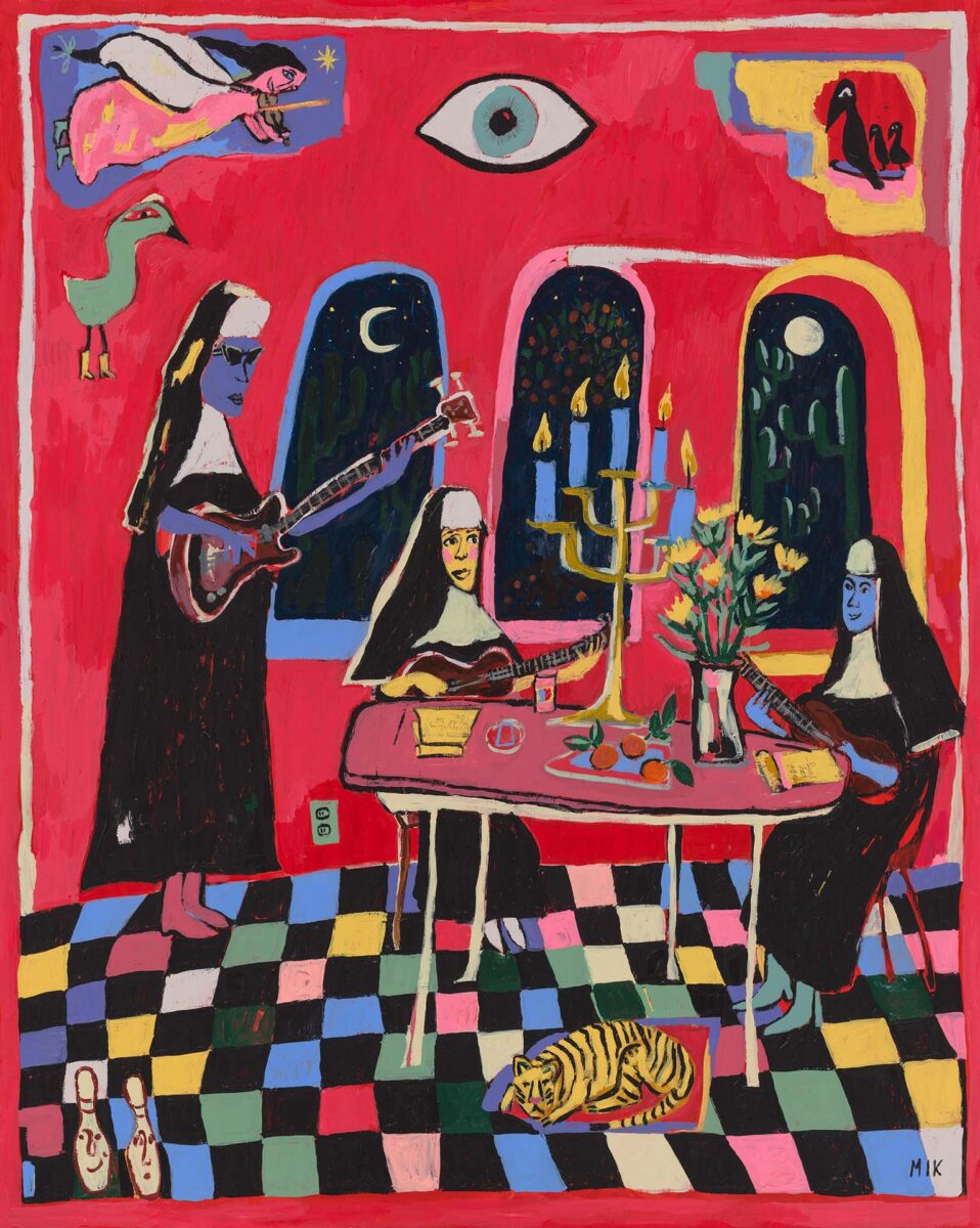Vivid painting of nuns in black robes playing guitars around a table with candles, in a bright red room; a large eye on the wall and a striped tiger on a checkered floor.
