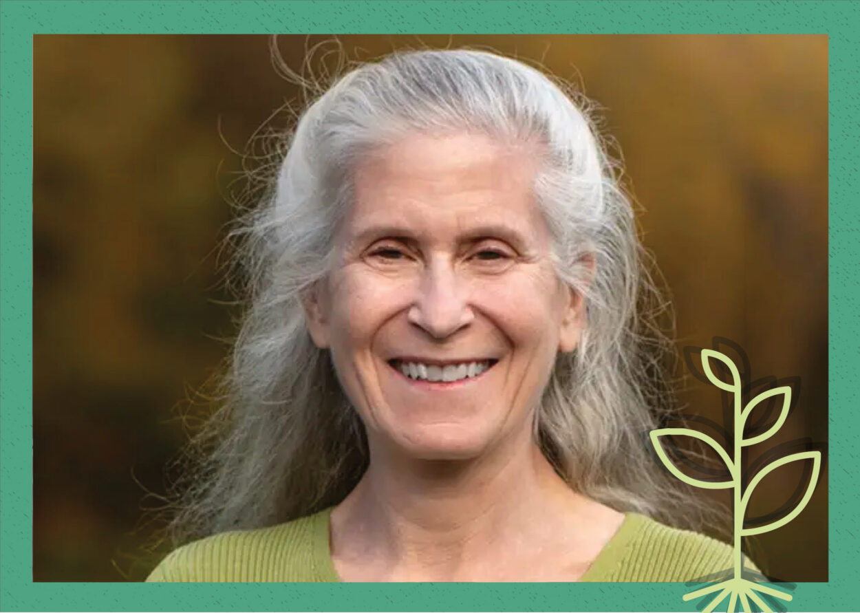 A cover image for the Seed Field Podcast showing a headshot of Zoe Weil overlaid with a drawing of a sprout and a green border.