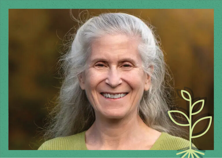 A cover image for the Seed Field Podcast showing a headshot of Zoe Weil overlaid with a drawing of a sprout and a green border.