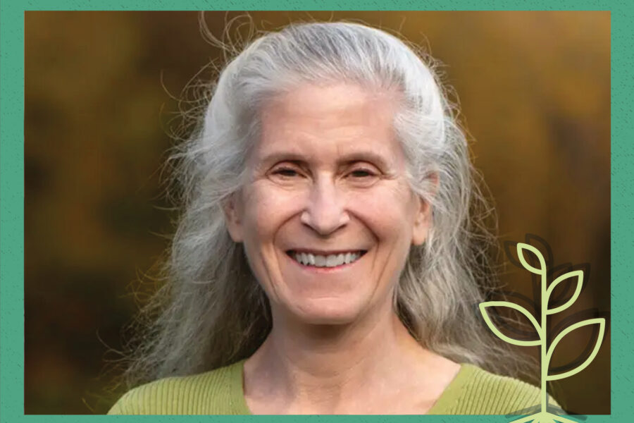 A cover image for the Seed Field Podcast showing a headshot of Zoe Weil overlaid with a drawing of a sprout and a green border.