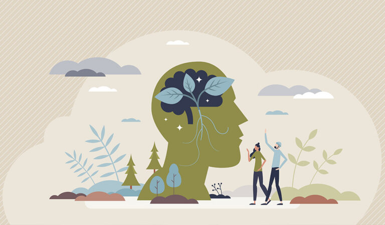 Illustration of a human head silhouette filled with a tree and leaves, symbolizing mental health and growth, with two people walking nearby in a nature landscape with plants and clouds.