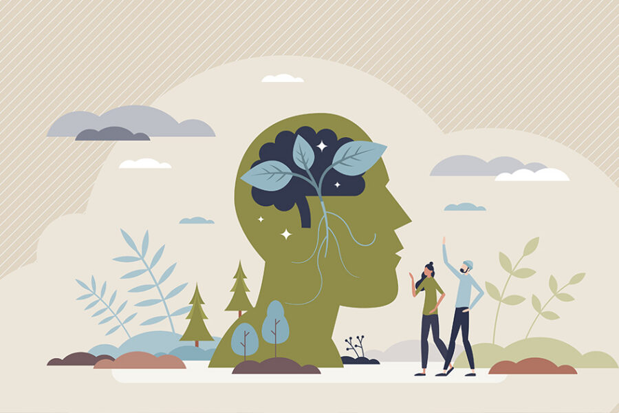 Illustration of a human head silhouette filled with a tree and leaves, symbolizing mental health and growth, with two people walking nearby in a nature landscape with plants and clouds.
