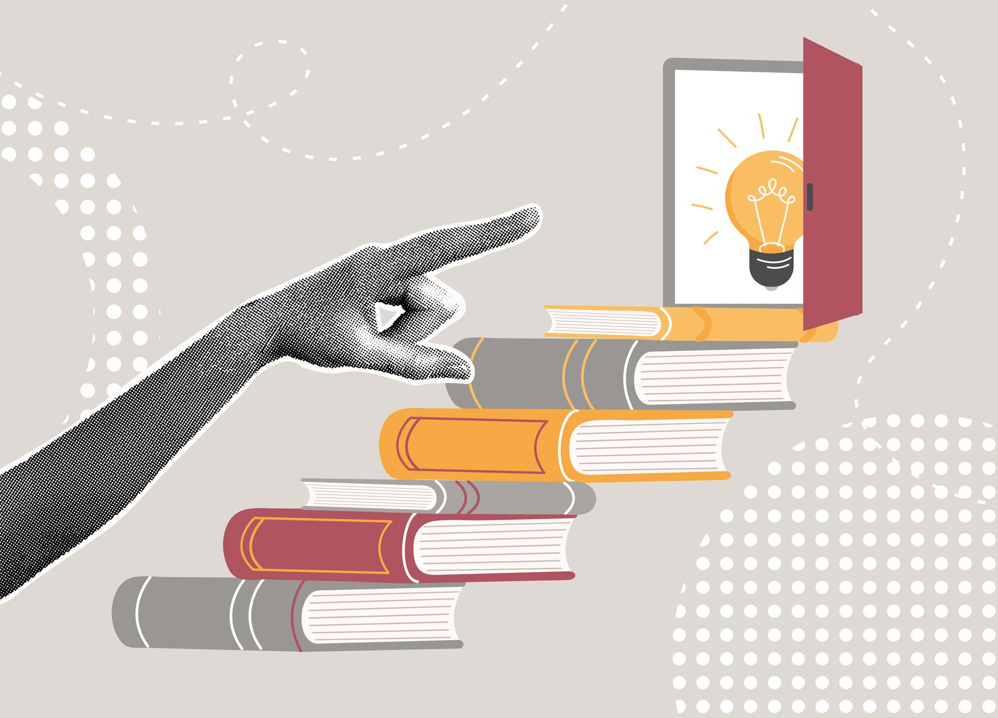 An illustration of a hand pointing up stairs made out of books that leads to a doorway with a light bulb in it. 