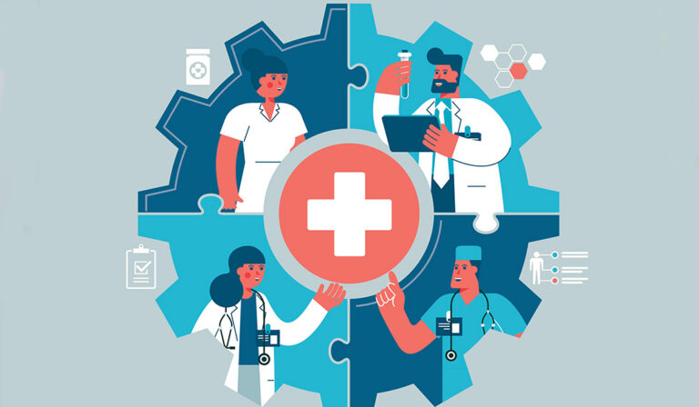 A stylized illustration of diverse healthcare workers surrounding a medical cross inside a gear, symbolizing teamwork, coordination, and integrated healthcare services.