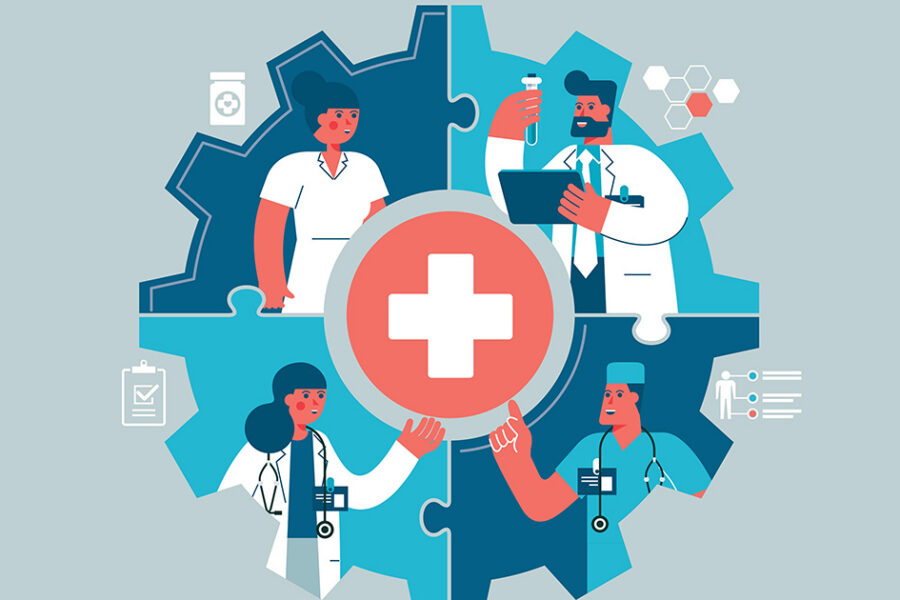 A stylized illustration of diverse healthcare workers surrounding a medical cross inside a gear, symbolizing teamwork, coordination, and integrated healthcare services.