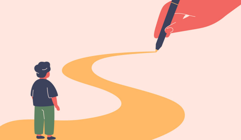 An illustration of a hand drawing a path for person.