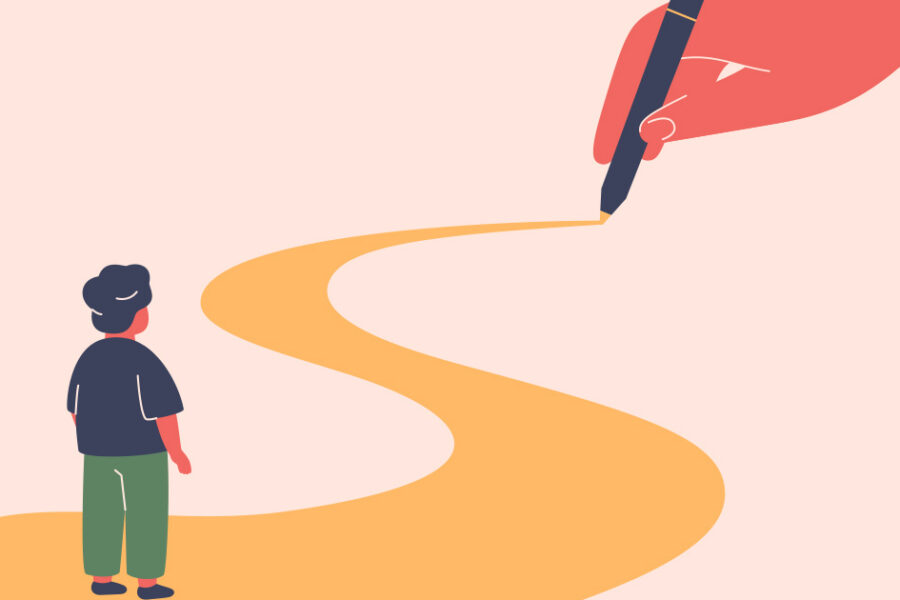 An illustration of a hand drawing a path for person.