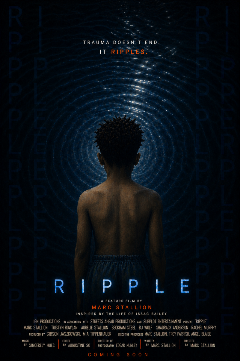 Movie poster for Ripple. A shirtless young Black boy is shown from behind, standing before dark blue water as concentric ripples spread outward around his head and body. The moody, underwater-like lighting creates a reflective and dramatic atmosphere. At the top, text reads, “Trauma doesn’t end. It ripples.” The title RIPPLE appears near the bottom in large blue letters, followed by film credits, “Inspired by the life of Isaac Bailey,” and “Coming Soon.”