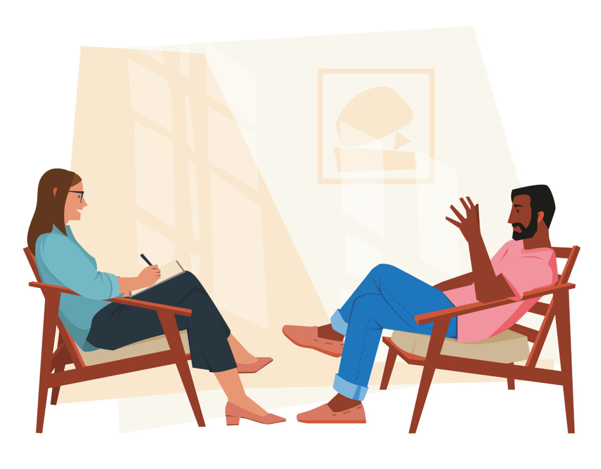 Woman psychologist. Couple talking, flat man woman sitting on chairs. Psychotherapy session or psychological consultation. Sad frustrated guy vector character