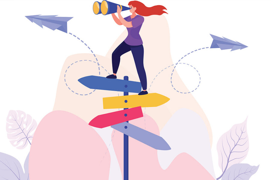 Businesswoman looks through binoculars to discover solution, illustrating search for right direction, business opportunities, or path to success. Concept of making decisions and envisioning the future - stock illustration