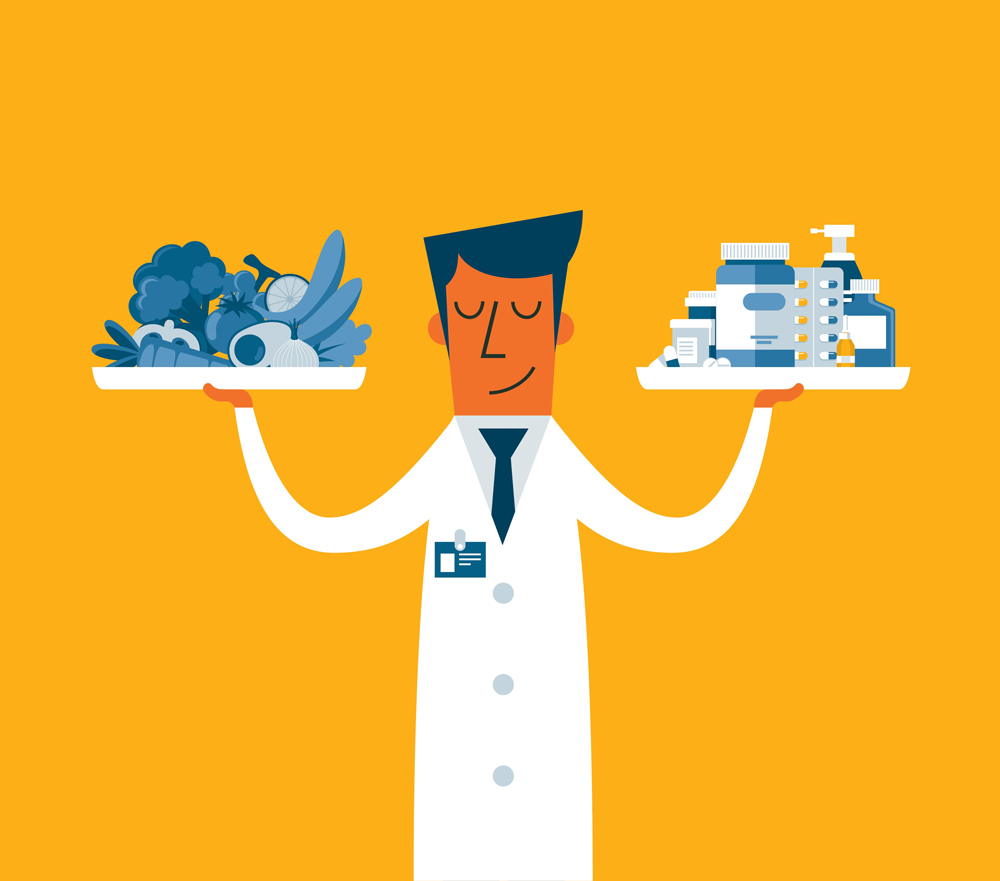 Illustration of a healthcare professional in a white lab coat balancing two trays—one holding fruits and vegetables and the other holding prescription medications—symbolizing the relationship between nutrition and medicine in supporting health.