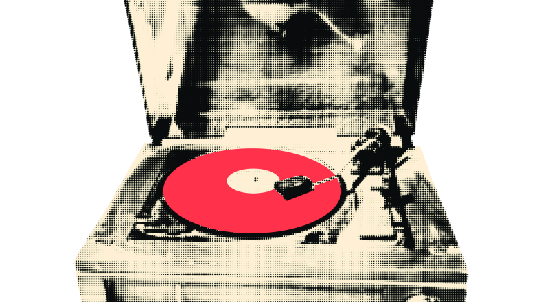 A vintage turntable playing a red vinyl record with the needle on the groove.
