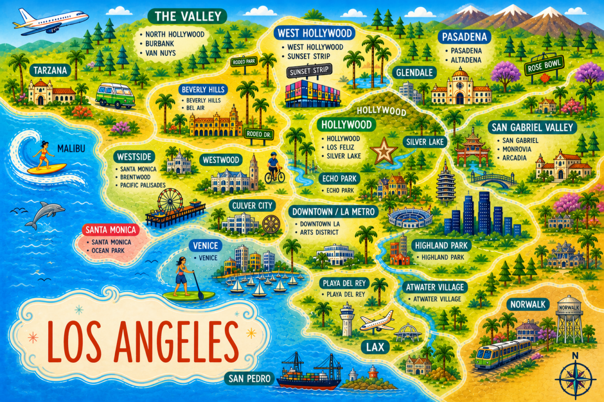 Los Angeles Map, colorful, illustration