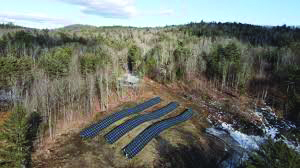 Ground-mounted solar panels arranged in parallel rows within a forest clearing with trees around them and patches of snow on the ground.