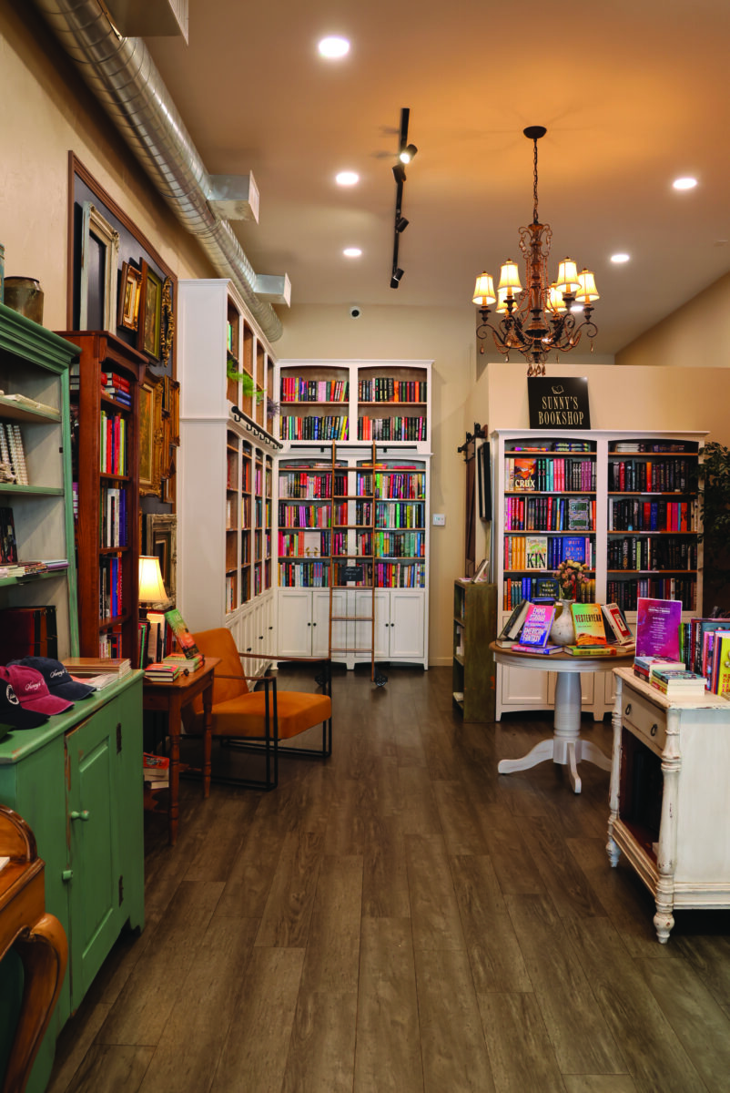 Sunny's Bookshop, bookstore, books, green, wood floor, shop
