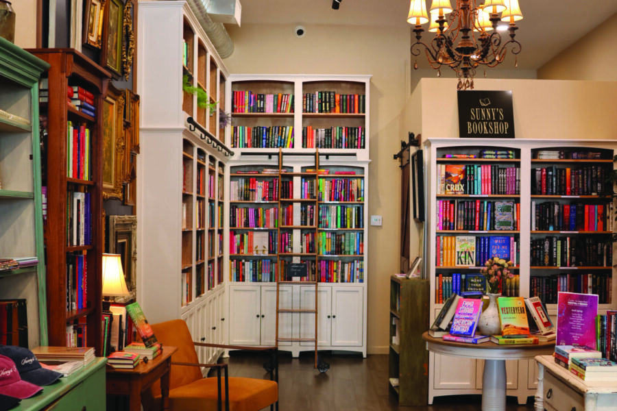 Sunny's Bookshop, bookstore, books, green, wood floor, shop
