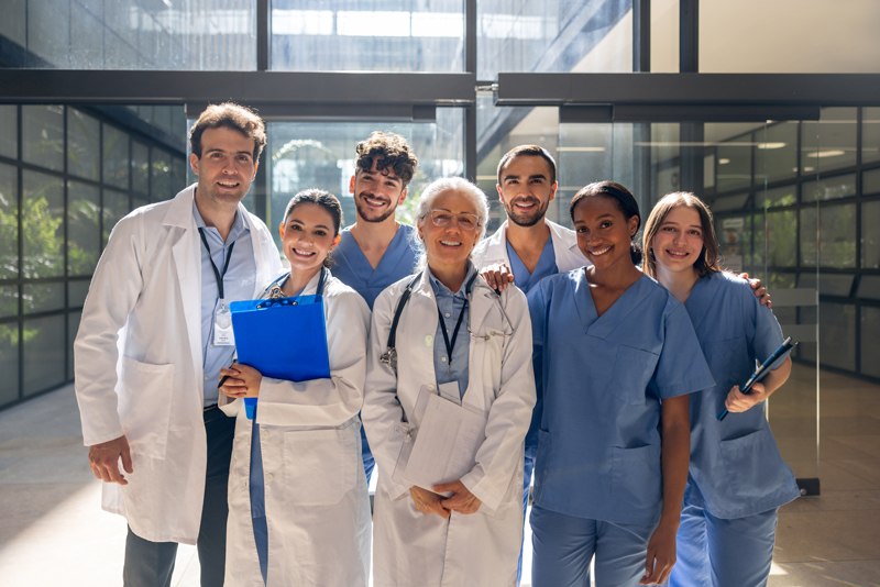 Seven healthcare professionals in lab coats and scrubs standing together in a bright hospital