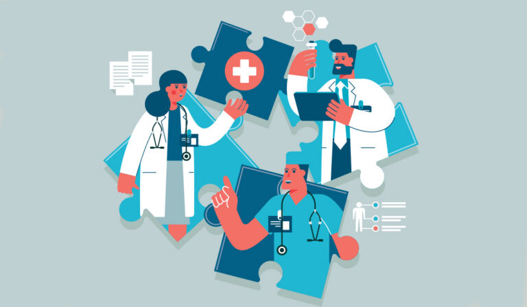 Three healthcare professionals in white coats with medical symbols and equipment