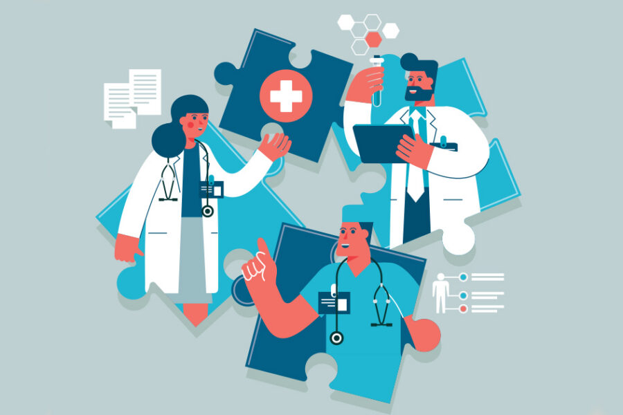 Three healthcare professionals in white coats with medical symbols and equipment