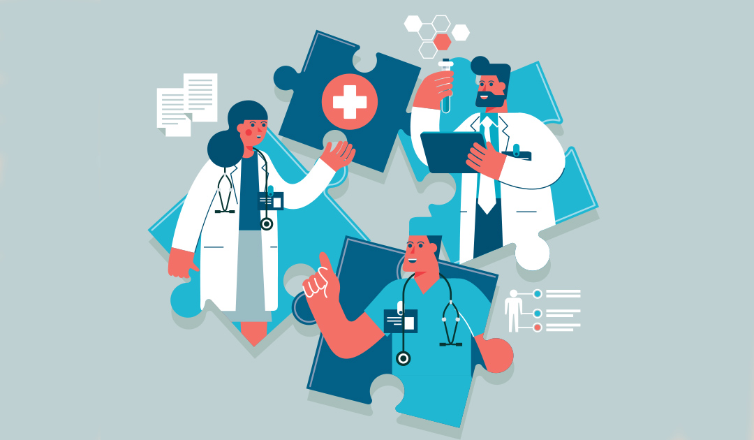 Three healthcare professionals in white coats with medical symbols and equipment