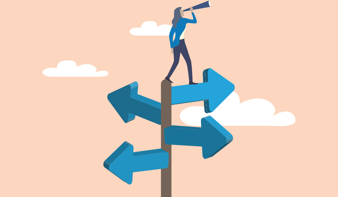 Person standing on a multi-direction signpost, looking through a telescope to plan the path ahead.